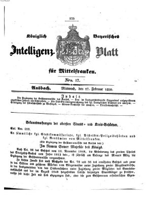 Königlich Bayerisches Intelligenzblatt für Mittelfranken (Ansbacher Intelligenz-Zeitung) Mittwoch 27. Februar 1850