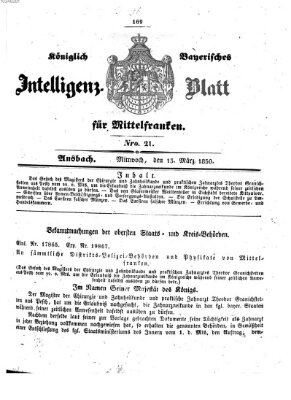 Königlich Bayerisches Intelligenzblatt für Mittelfranken (Ansbacher Intelligenz-Zeitung) Mittwoch 13. März 1850