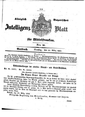 Königlich Bayerisches Intelligenzblatt für Mittelfranken (Ansbacher Intelligenz-Zeitung) Samstag 30. März 1850