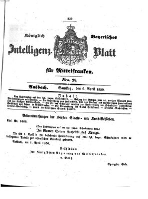 Königlich Bayerisches Intelligenzblatt für Mittelfranken (Ansbacher Intelligenz-Zeitung) Samstag 6. April 1850