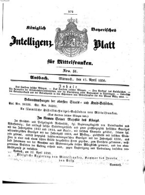 Königlich Bayerisches Intelligenzblatt für Mittelfranken (Ansbacher Intelligenz-Zeitung) Mittwoch 17. April 1850