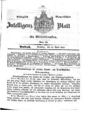 Königlich Bayerisches Intelligenzblatt für Mittelfranken (Ansbacher Intelligenz-Zeitung) Samstag 20. April 1850