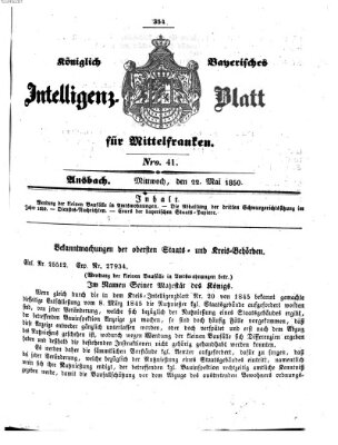 Königlich Bayerisches Intelligenzblatt für Mittelfranken (Ansbacher Intelligenz-Zeitung) Mittwoch 22. Mai 1850