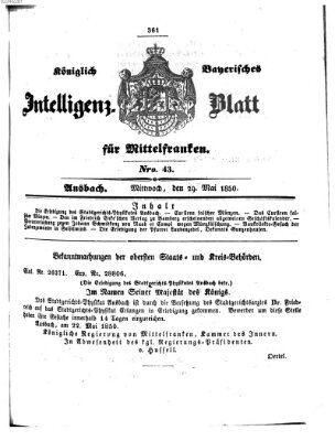 Königlich Bayerisches Intelligenzblatt für Mittelfranken (Ansbacher Intelligenz-Zeitung) Mittwoch 29. Mai 1850