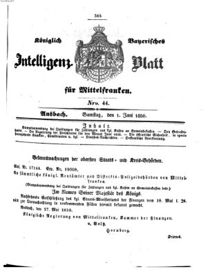 Königlich Bayerisches Intelligenzblatt für Mittelfranken (Ansbacher Intelligenz-Zeitung) Samstag 1. Juni 1850