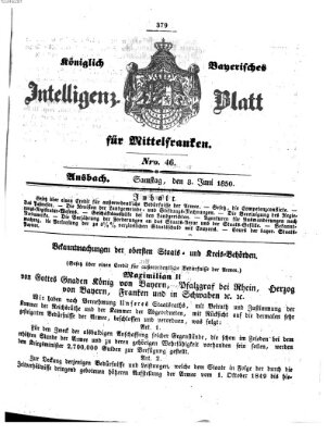 Königlich Bayerisches Intelligenzblatt für Mittelfranken (Ansbacher Intelligenz-Zeitung) Samstag 8. Juni 1850