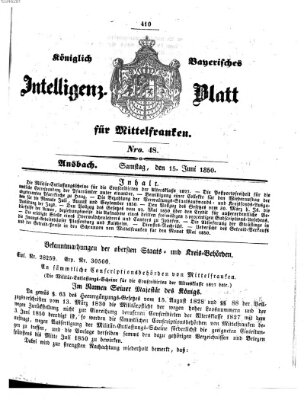 Königlich Bayerisches Intelligenzblatt für Mittelfranken (Ansbacher Intelligenz-Zeitung) Samstag 15. Juni 1850