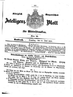 Königlich Bayerisches Intelligenzblatt für Mittelfranken (Ansbacher Intelligenz-Zeitung) Samstag 22. Juni 1850