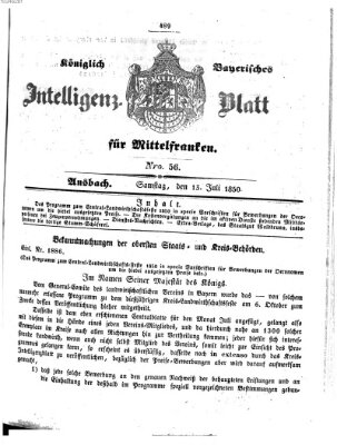 Königlich Bayerisches Intelligenzblatt für Mittelfranken (Ansbacher Intelligenz-Zeitung) Samstag 13. Juli 1850