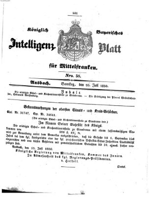 Königlich Bayerisches Intelligenzblatt für Mittelfranken (Ansbacher Intelligenz-Zeitung) Samstag 20. Juli 1850