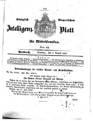 Königlich Bayerisches Intelligenzblatt für Mittelfranken (Ansbacher Intelligenz-Zeitung) Samstag 3. August 1850