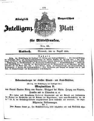 Königlich Bayerisches Intelligenzblatt für Mittelfranken (Ansbacher Intelligenz-Zeitung) Mittwoch 14. August 1850