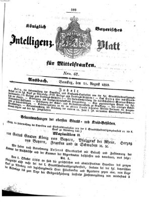 Königlich Bayerisches Intelligenzblatt für Mittelfranken (Ansbacher Intelligenz-Zeitung) Mittwoch 21. August 1850