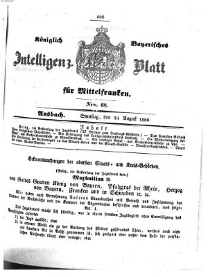 Königlich Bayerisches Intelligenzblatt für Mittelfranken (Ansbacher Intelligenz-Zeitung) Samstag 24. August 1850