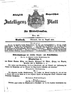 Königlich Bayerisches Intelligenzblatt für Mittelfranken (Ansbacher Intelligenz-Zeitung) Mittwoch 28. August 1850