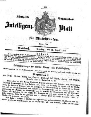 Königlich Bayerisches Intelligenzblatt für Mittelfranken (Ansbacher Intelligenz-Zeitung) Samstag 31. August 1850