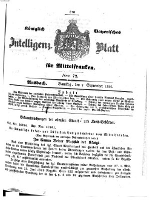 Königlich Bayerisches Intelligenzblatt für Mittelfranken (Ansbacher Intelligenz-Zeitung) Samstag 7. September 1850