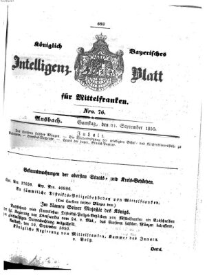 Königlich Bayerisches Intelligenzblatt für Mittelfranken (Ansbacher Intelligenz-Zeitung) Samstag 21. September 1850