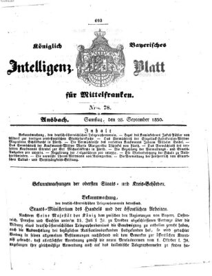 Königlich Bayerisches Intelligenzblatt für Mittelfranken (Ansbacher Intelligenz-Zeitung) Samstag 28. September 1850