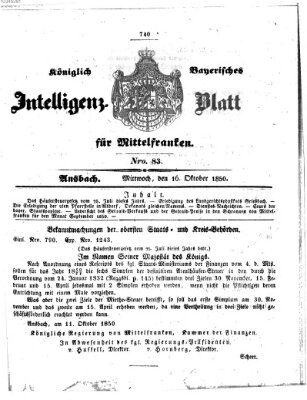 Königlich Bayerisches Intelligenzblatt für Mittelfranken (Ansbacher Intelligenz-Zeitung) Mittwoch 16. Oktober 1850