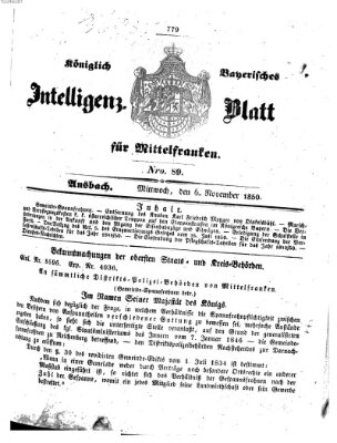 Königlich Bayerisches Intelligenzblatt für Mittelfranken (Ansbacher Intelligenz-Zeitung) Mittwoch 6. November 1850