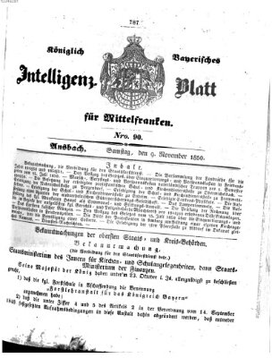 Königlich Bayerisches Intelligenzblatt für Mittelfranken (Ansbacher Intelligenz-Zeitung) Samstag 9. November 1850