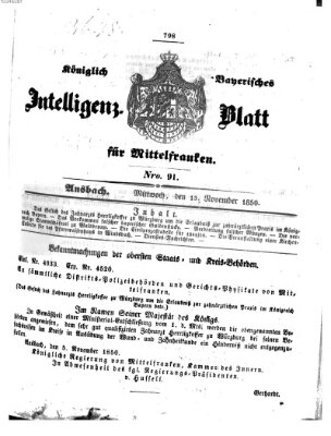 Königlich Bayerisches Intelligenzblatt für Mittelfranken (Ansbacher Intelligenz-Zeitung) Mittwoch 13. November 1850