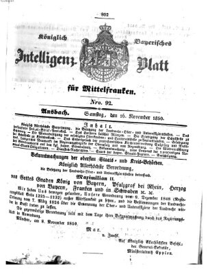 Königlich Bayerisches Intelligenzblatt für Mittelfranken (Ansbacher Intelligenz-Zeitung) Samstag 16. November 1850