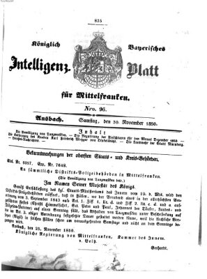 Königlich Bayerisches Intelligenzblatt für Mittelfranken (Ansbacher Intelligenz-Zeitung) Samstag 30. November 1850