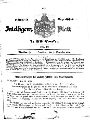 Königlich Bayerisches Intelligenzblatt für Mittelfranken (Ansbacher Intelligenz-Zeitung) Samstag 7. Dezember 1850