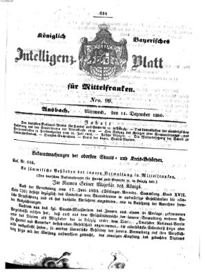 Königlich Bayerisches Intelligenzblatt für Mittelfranken (Ansbacher Intelligenz-Zeitung) Mittwoch 11. Dezember 1850