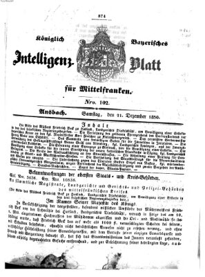 Königlich Bayerisches Intelligenzblatt für Mittelfranken (Ansbacher Intelligenz-Zeitung) Samstag 21. Dezember 1850