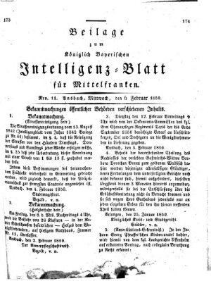 Königlich Bayerisches Intelligenzblatt für Mittelfranken (Ansbacher Intelligenz-Zeitung) Mittwoch 6. Februar 1850