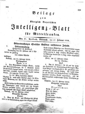 Königlich Bayerisches Intelligenzblatt für Mittelfranken (Ansbacher Intelligenz-Zeitung) Mittwoch 27. Februar 1850