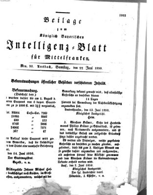 Königlich Bayerisches Intelligenzblatt für Mittelfranken (Ansbacher Intelligenz-Zeitung) Samstag 22. Juni 1850