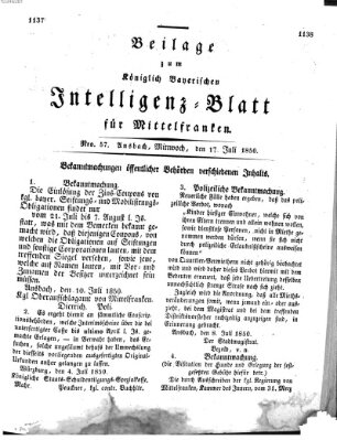 Königlich Bayerisches Intelligenzblatt für Mittelfranken (Ansbacher Intelligenz-Zeitung) Mittwoch 17. Juli 1850