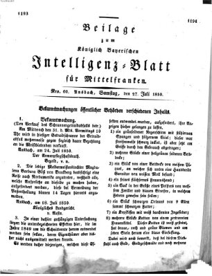 Königlich Bayerisches Intelligenzblatt für Mittelfranken (Ansbacher Intelligenz-Zeitung) Samstag 27. Juli 1850