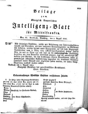 Königlich Bayerisches Intelligenzblatt für Mittelfranken (Ansbacher Intelligenz-Zeitung) Samstag 3. August 1850