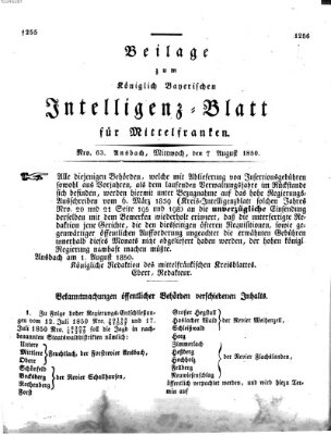 Königlich Bayerisches Intelligenzblatt für Mittelfranken (Ansbacher Intelligenz-Zeitung) Mittwoch 7. August 1850