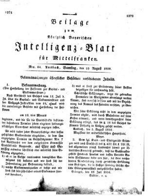 Königlich Bayerisches Intelligenzblatt für Mittelfranken (Ansbacher Intelligenz-Zeitung) Samstag 10. August 1850