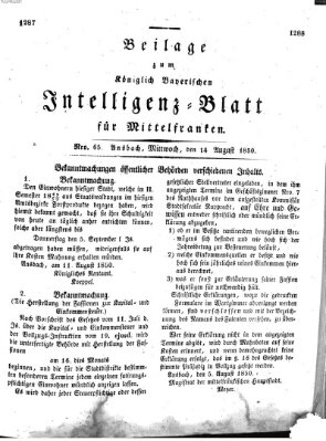 Königlich Bayerisches Intelligenzblatt für Mittelfranken (Ansbacher Intelligenz-Zeitung) Mittwoch 14. August 1850