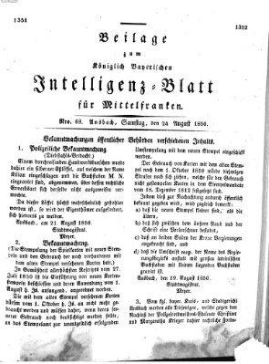 Königlich Bayerisches Intelligenzblatt für Mittelfranken (Ansbacher Intelligenz-Zeitung) Samstag 24. August 1850