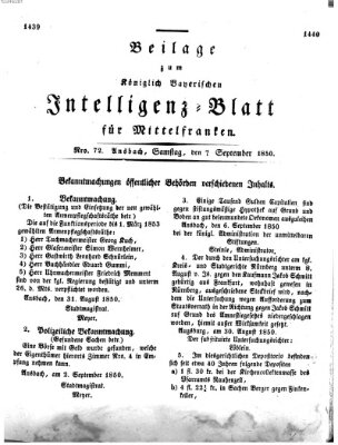 Königlich Bayerisches Intelligenzblatt für Mittelfranken (Ansbacher Intelligenz-Zeitung) Samstag 7. September 1850