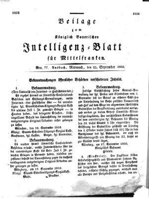 Königlich Bayerisches Intelligenzblatt für Mittelfranken (Ansbacher Intelligenz-Zeitung) Mittwoch 25. September 1850