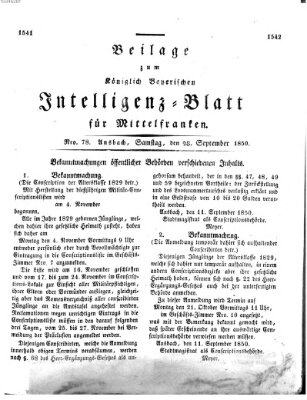 Königlich Bayerisches Intelligenzblatt für Mittelfranken (Ansbacher Intelligenz-Zeitung) Samstag 28. September 1850