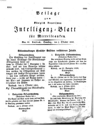 Königlich Bayerisches Intelligenzblatt für Mittelfranken (Ansbacher Intelligenz-Zeitung) Samstag 5. Oktober 1850