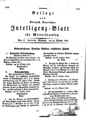 Königlich Bayerisches Intelligenzblatt für Mittelfranken (Ansbacher Intelligenz-Zeitung) Mittwoch 30. Oktober 1850