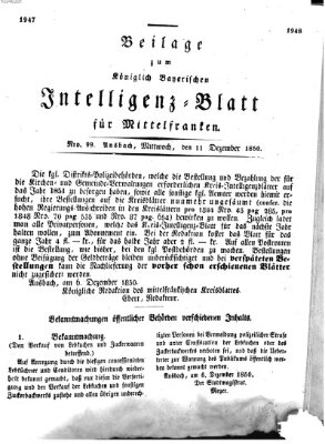 Königlich Bayerisches Intelligenzblatt für Mittelfranken (Ansbacher Intelligenz-Zeitung) Mittwoch 11. Dezember 1850