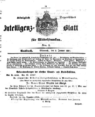 Königlich Bayerisches Intelligenzblatt für Mittelfranken (Ansbacher Intelligenz-Zeitung) Mittwoch 8. Januar 1851