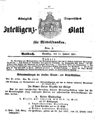 Königlich Bayerisches Intelligenzblatt für Mittelfranken (Ansbacher Intelligenz-Zeitung) Samstag 11. Januar 1851